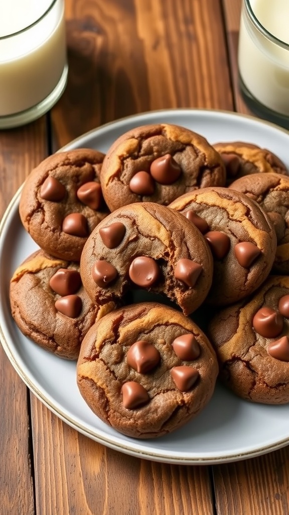 A plate of chocolate peanut butter cookies with melted chocolate chips, on a wooden table with a glass of milk.
